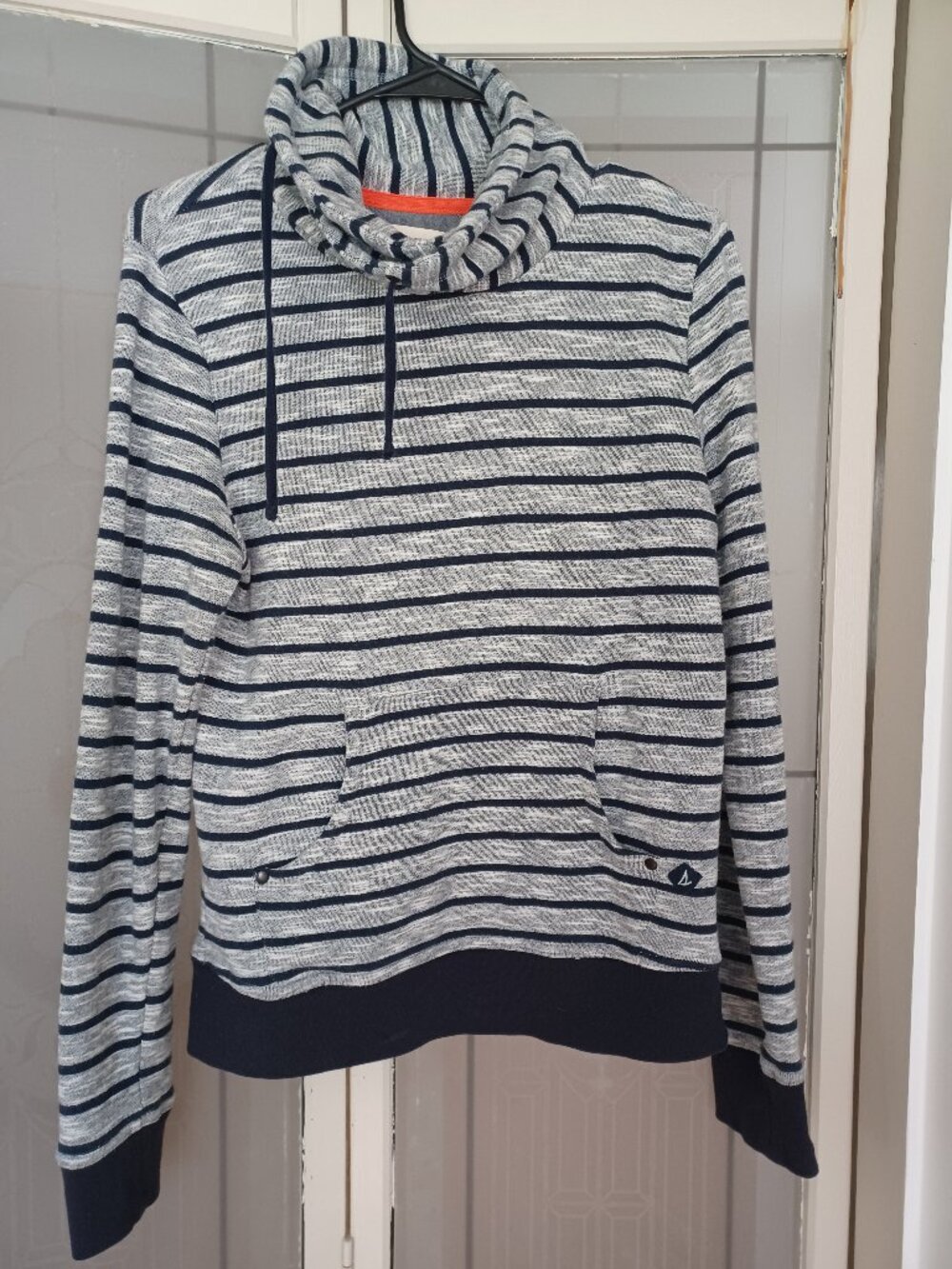 Sperry Women' XS Gray Blue Black Stipes Funnel/Cowel Neck Sweatshirt Top